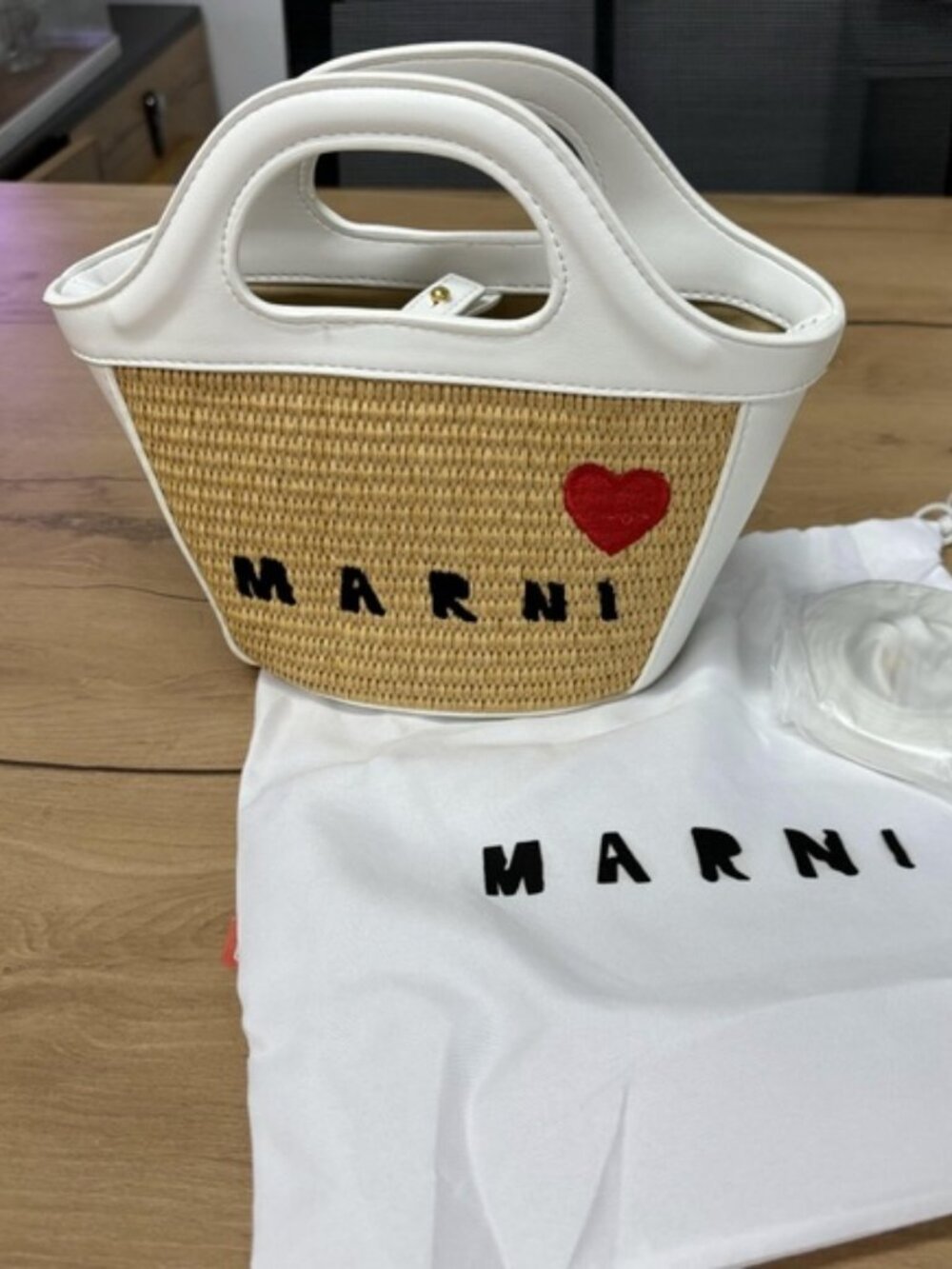 Marni White and Tan Tote with Red Heart